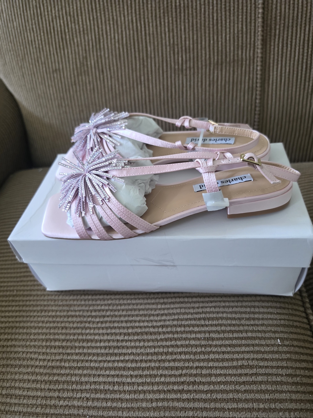 Charles David Rhinestone Pom-Pom Satin Flat Sandals (Pink) - Picture 6 of 6